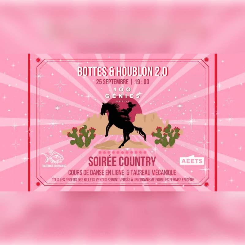 A pink event poster for "Bottes & Houblon 2.0" features a silhouette of a person riding a rearing horse in the foreground, set against a desert landscape with cacti and a sunburst background.