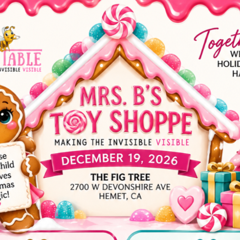A gingerbread man stands in the foreground next to a gingerbread house invitation for "Mrs. B's Toy Shoppe" set against a white background with pink frosting drips.