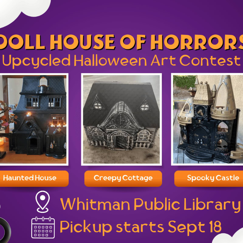 Three photos of spooky, black upcycled dollhouses are displayed against a purple background with yellow and white text announcing a Halloween art contest.