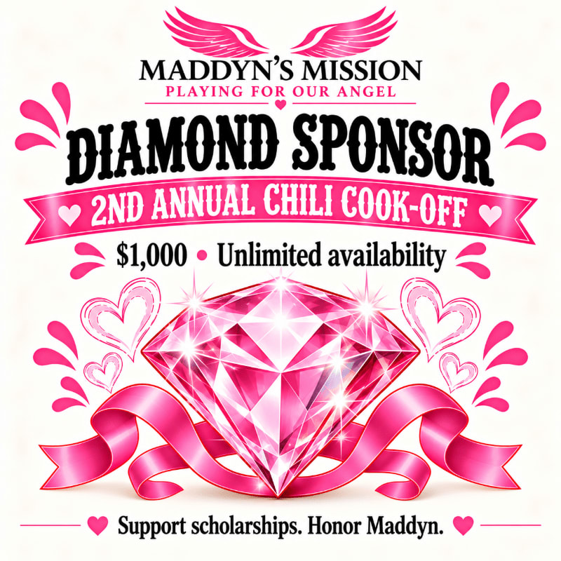 A large pink diamond and ribbon sit in the foreground of a white background featuring text for Maddyn's Mission 2nd Annual Chili Cook-off.