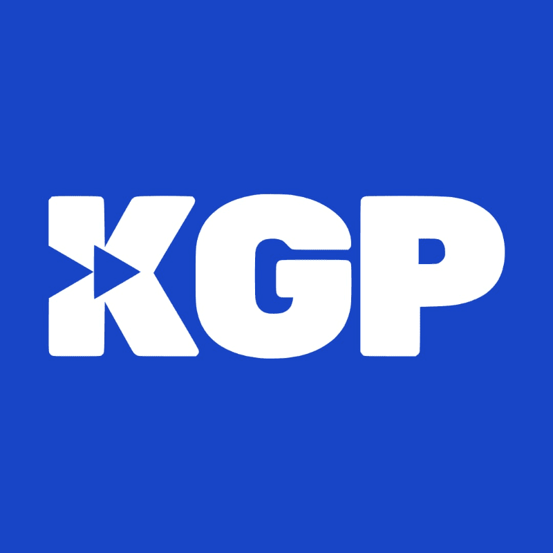 White bold letters "KGP" with a play button symbol inside the "K" are centered on a solid blue background.