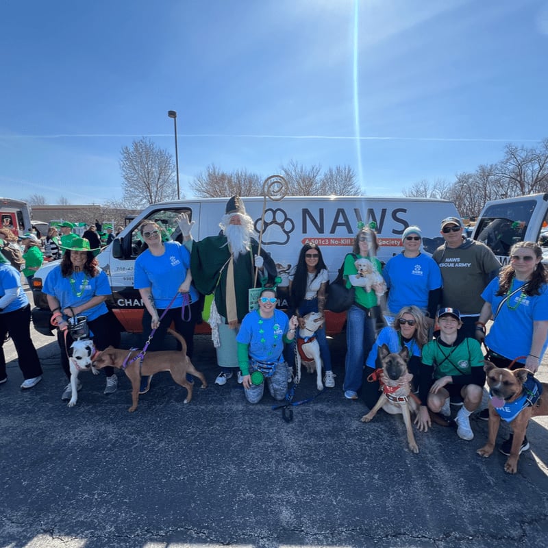 A group of people and dogs pose in front of a white NAWS rescue van under a clear blue sky.