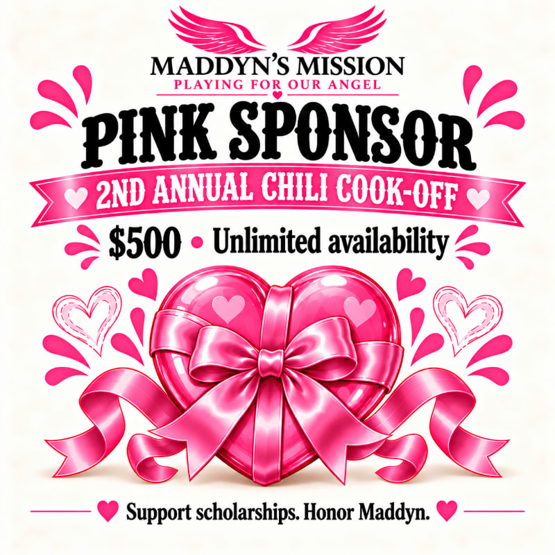 A large pink heart with a bow sits in the foreground of a sponsorship flyer featuring text and heart motifs against a light, textured background.