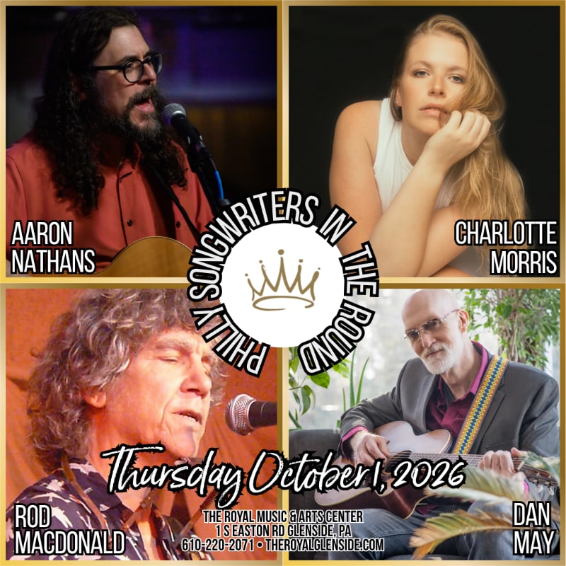 Four portraits of musicians are arranged in a grid around a central circular logo, with event details and a date listed across the bottom foreground.
