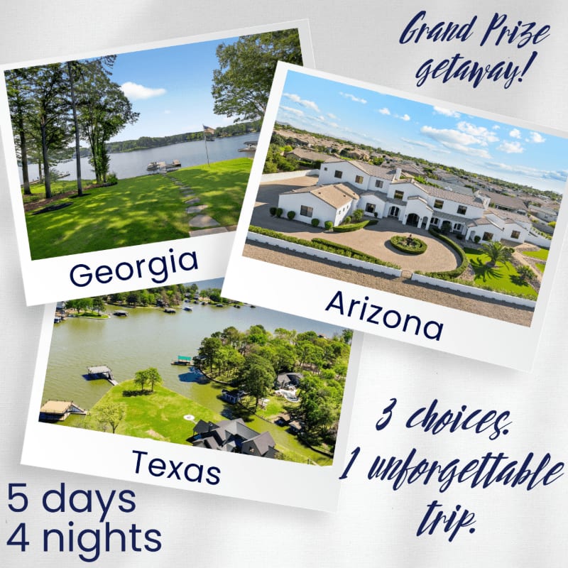 Three polaroid photos of landscapes in Georgia, Arizona, and Texas are arranged on a white background with promotional text.