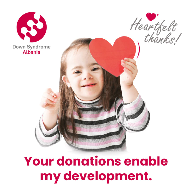 A young girl holding a red heart is centered in the foreground against a white background featuring a logo, a thank-you message, and a request for donations.