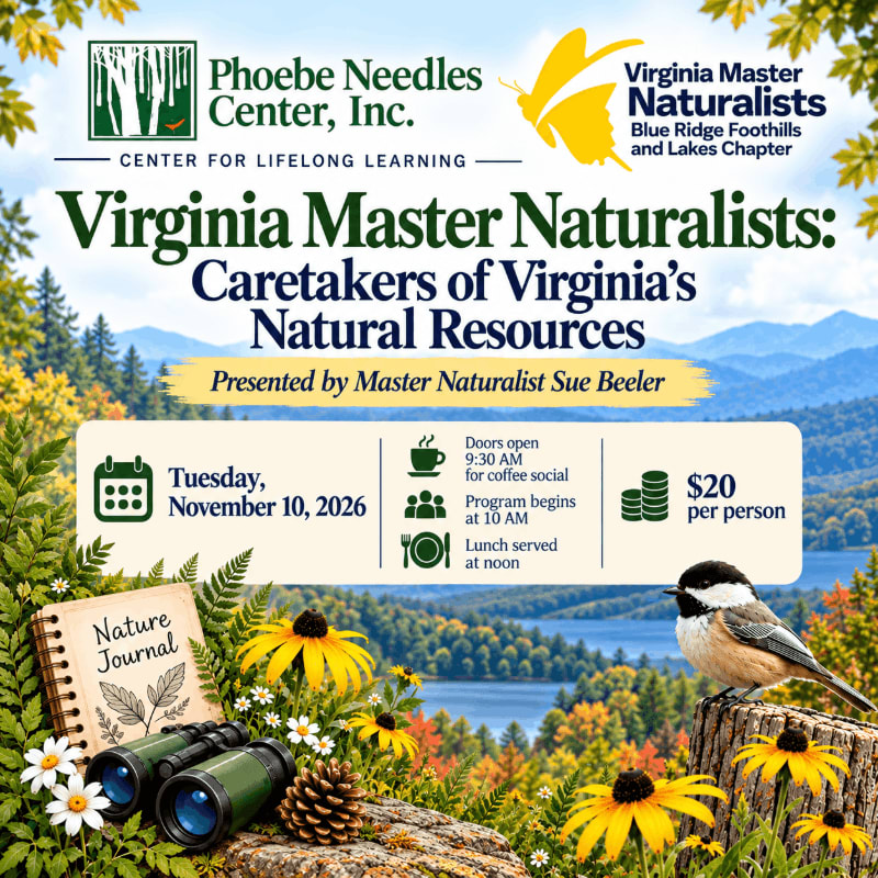 An event flyer for the Virginia Master Naturalists features event details in the center, framed by a foreground of nature journals, binoculars, and wildflowers against a background of a scenic mountain landscape.