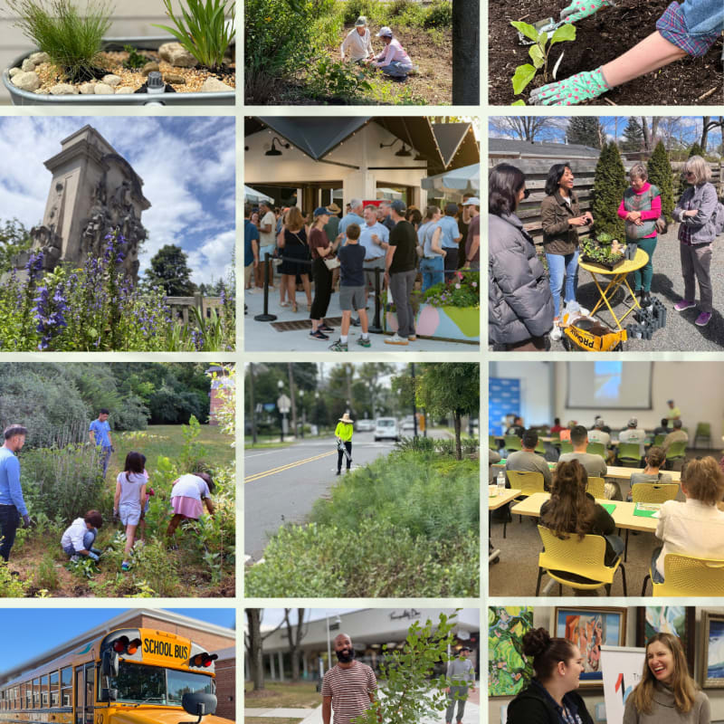A collage of images featuring people gardening, gathering outdoors, and attending a meeting, with various natural and urban backgrounds.