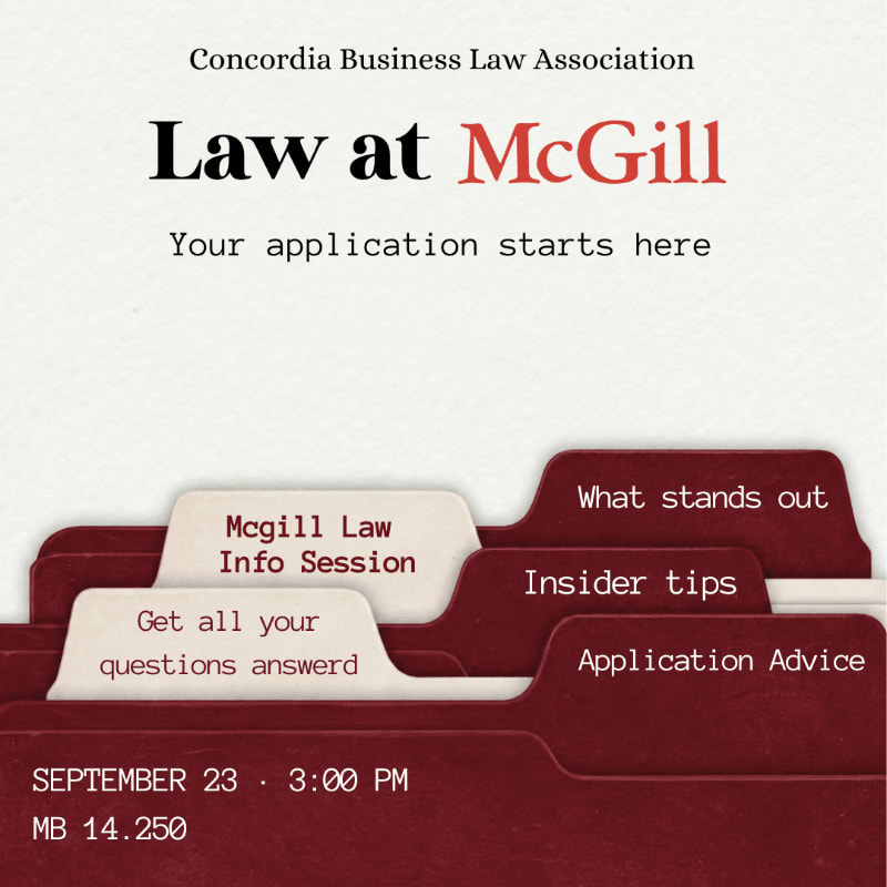 A maroon file folder with tabs labeled "McGill Law Info Session," "Get all your questions answerd," "What stands out," "Insider tips," and "Application Advice" is in the foreground, with the background displaying text about "Law at McGill" and event details.