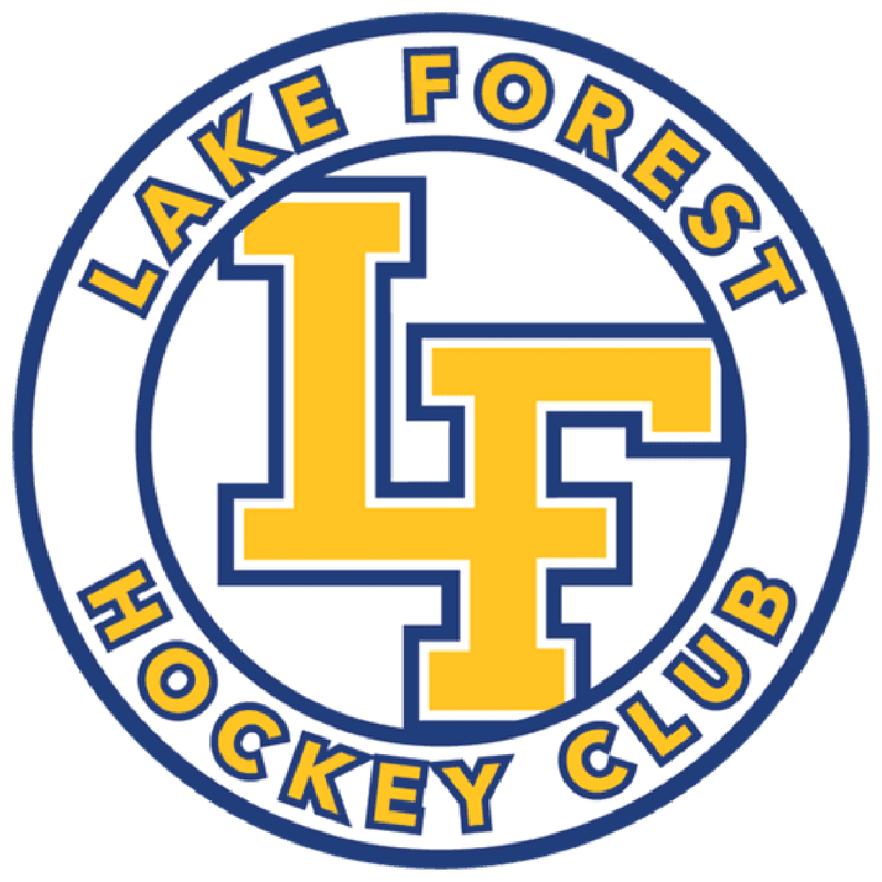 A yellow "LF" monogram sits in the center of a white circle, enclosed by a blue border containing the text "LAKE FOREST HOCKEY CLUB".