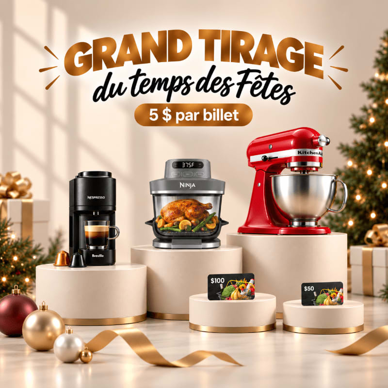 A coffee machine, air fryer, and red stand mixer sit on pedestals in the foreground, set against a festive background featuring a Christmas tree and gift boxes.