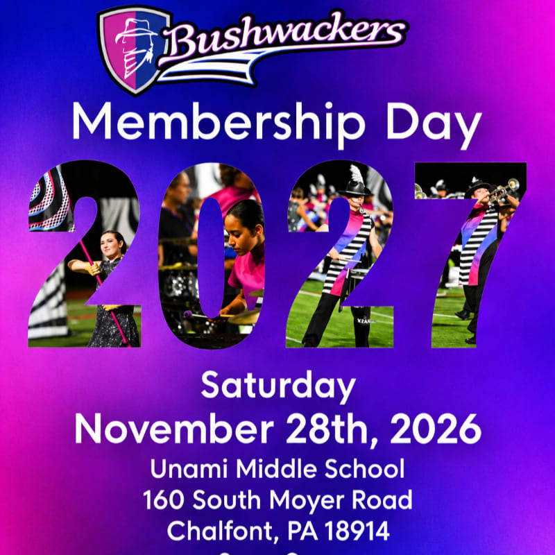The foreground features large text announcing "Membership Day 2027" with images of performers within the numbers, while the background is a vibrant gradient of pink and purple.
