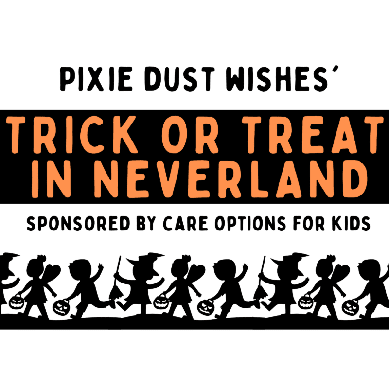 Orange and black text promoting "Trick or Treat in Neverland" sits above a silhouette of children trick-or-treating against a plain white background.