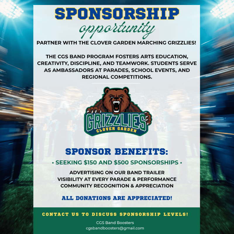 A white informational flyer about sponsorship opportunities for the Clover Garden Marching Grizzlies is centered over a blurred background of a stadium with bright lights.