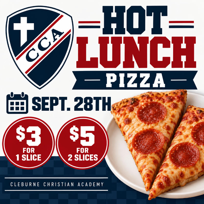 Two pepperoni pizza slices on a white plate sit in the foreground against a white background featuring a CCA logo and "HOT LUNCH PIZZA" text.