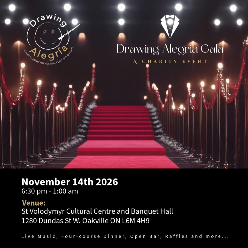 A red carpet lined with velvet ropes and glowing lights leads toward a dark background featuring the "Drawing Alegria Gala" event details.