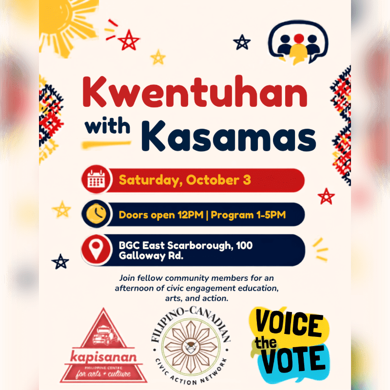 A promotional flyer for "Kwentuhan with Kasamas" features event details in the center against a light background decorated with colorful sun, star, and pattern motifs.