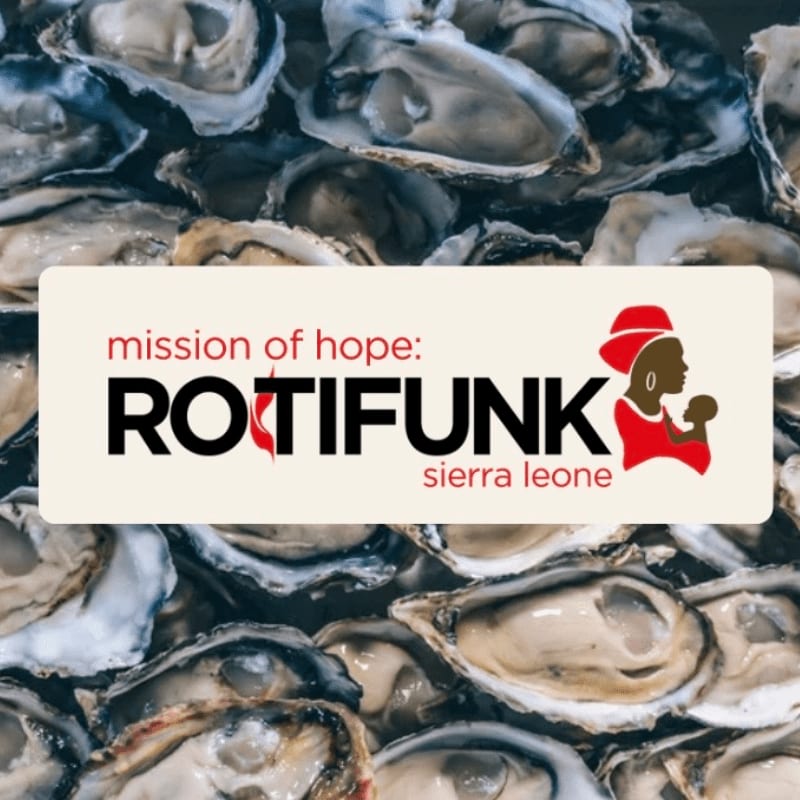 A logo for "Mission of Hope: Rotifunk Sierra Leone" is centered over a background of fresh, open oysters.