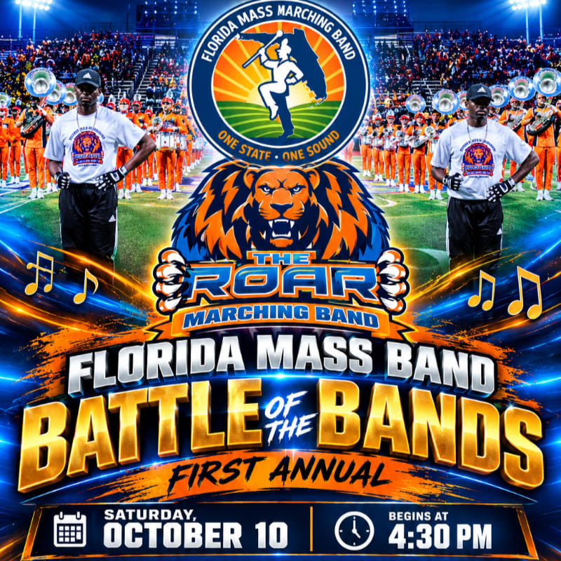 A promotional poster for the "Florida Mass Band Battle of the Bands" features a lion logo and event details in the foreground, with two men and a marching band on a football field in the background.