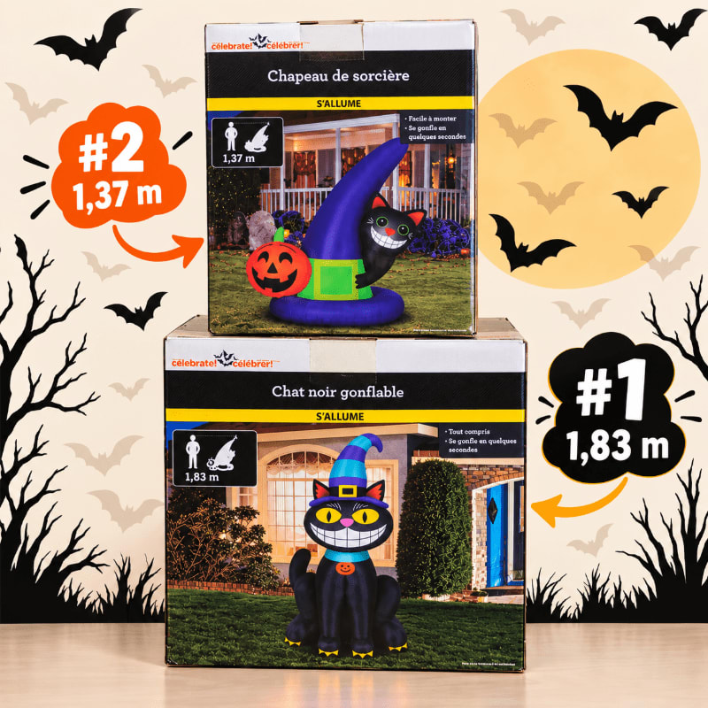 Two stacked product boxes for inflatable Halloween decorations sit against a background of stylized black bats and spooky silhouettes.