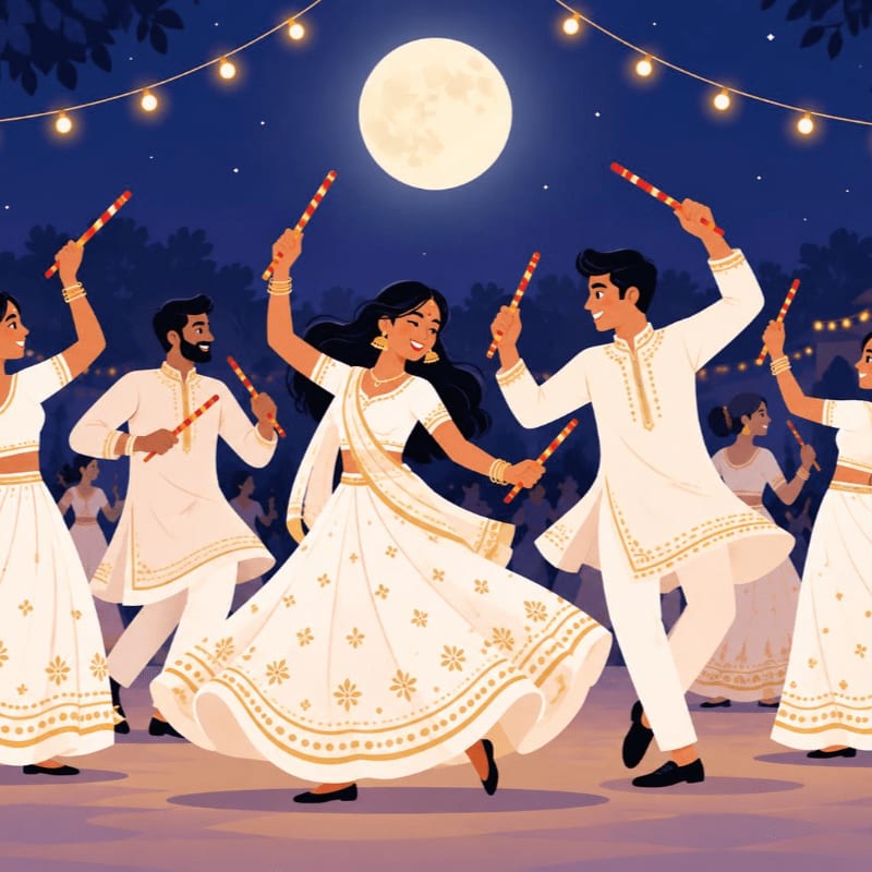 People in traditional white and gold attire dance with sticks under a bright full moon and hanging string lights.