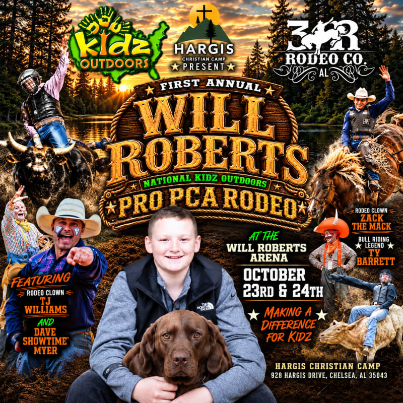 A smiling boy holding a brown dog sits in the foreground of a colorful rodeo event poster featuring bull and horse riders against a scenic outdoor background.