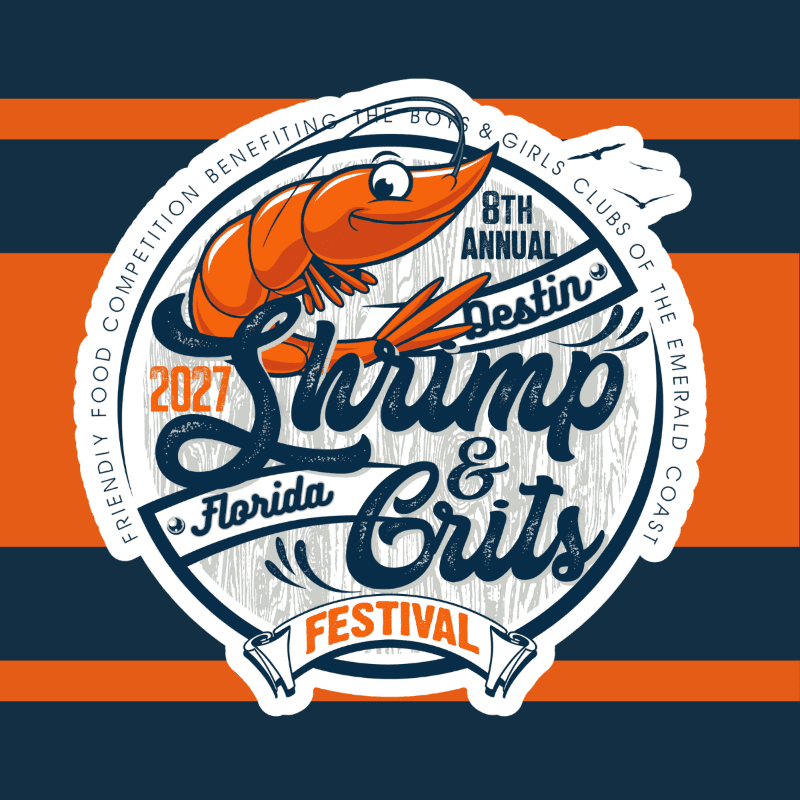 A stylized logo for the 8th Annual Shrimp & Grits Festival featuring a cartoon shrimp and decorative text set against a background of navy blue and orange horizontal stripes.