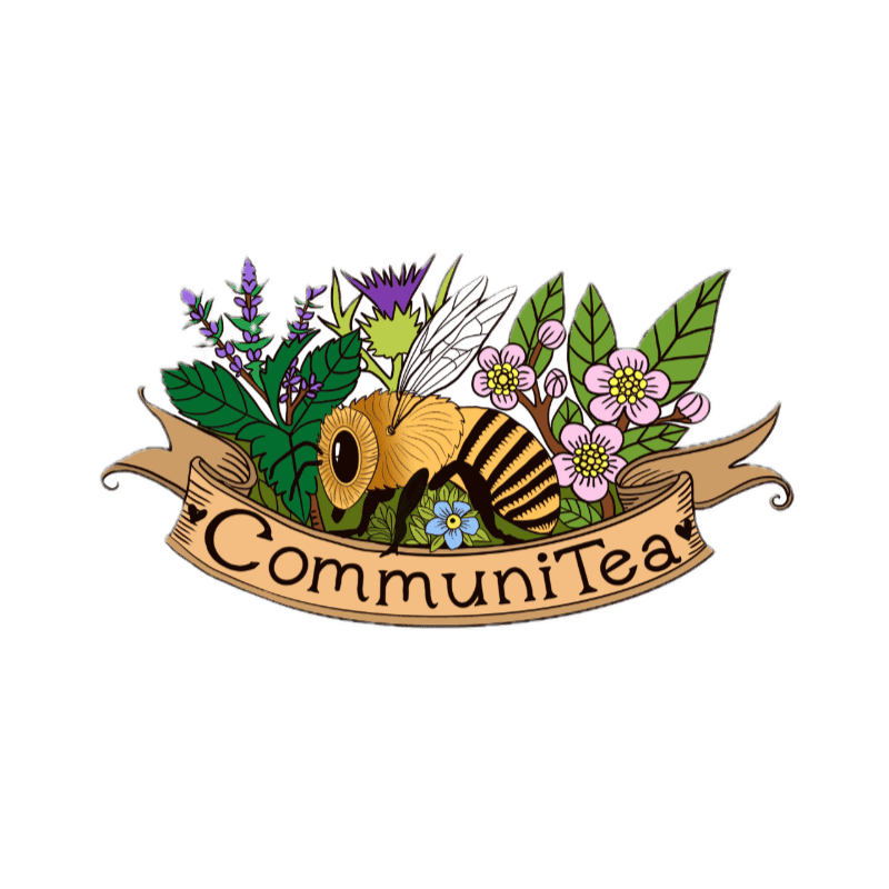 A honeybee rests among colorful flowers and green leaves above a banner reading "CommuniTea," all set against a plain white background.