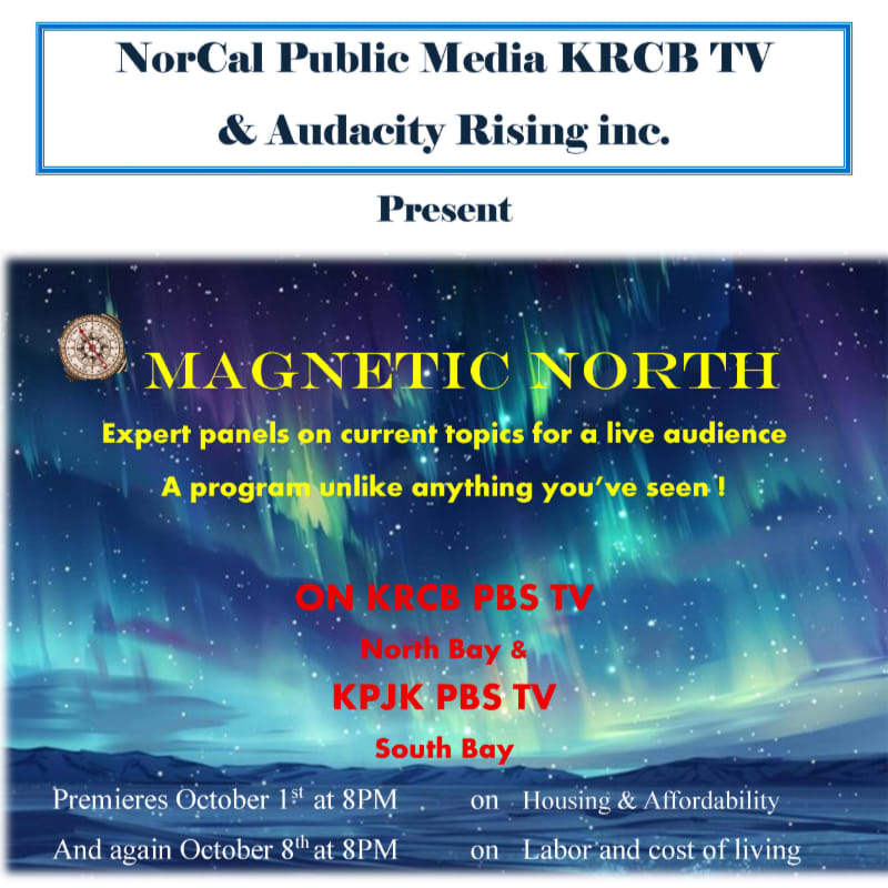 Yellow and red text announcing the program "Magnetic North" sits in the foreground over a background of a starry night sky with a vibrant aurora borealis.