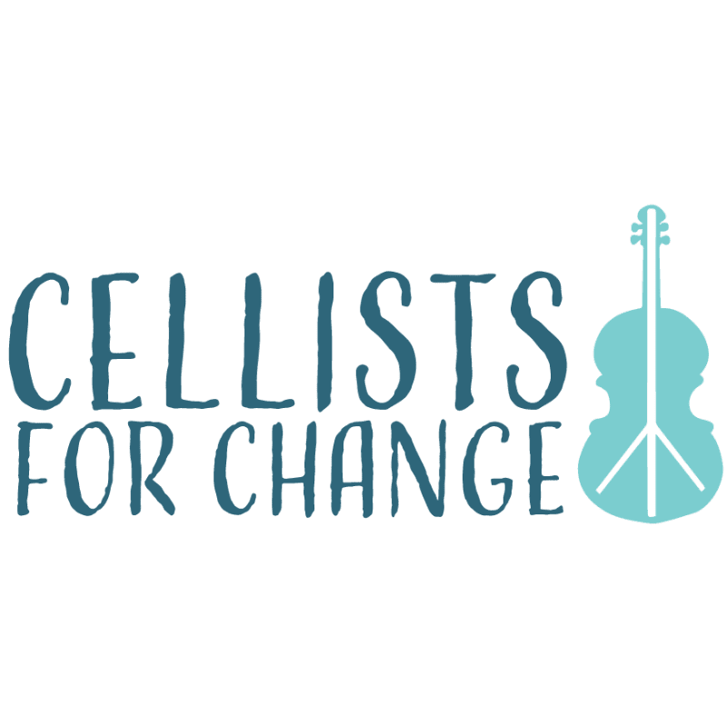 Teal text reading "CELLISTS FOR CHANGE" and a stylized cello icon sit against a plain white background.