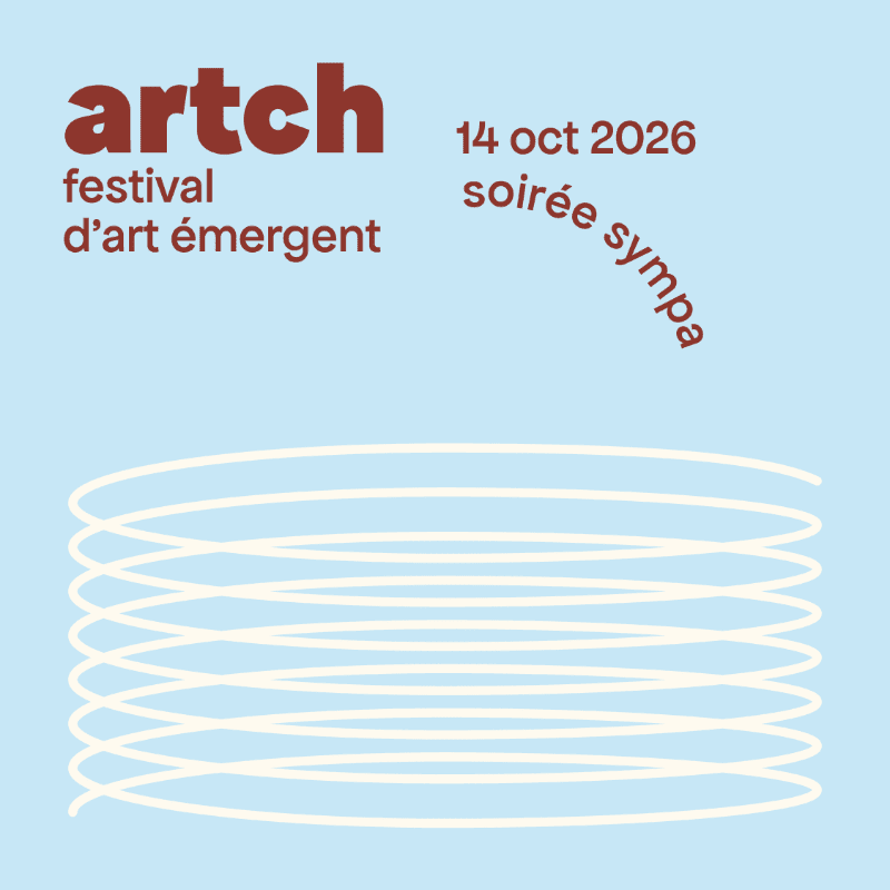 Red text for an art festival and a date are positioned above a white spiral graphic on a light blue background.