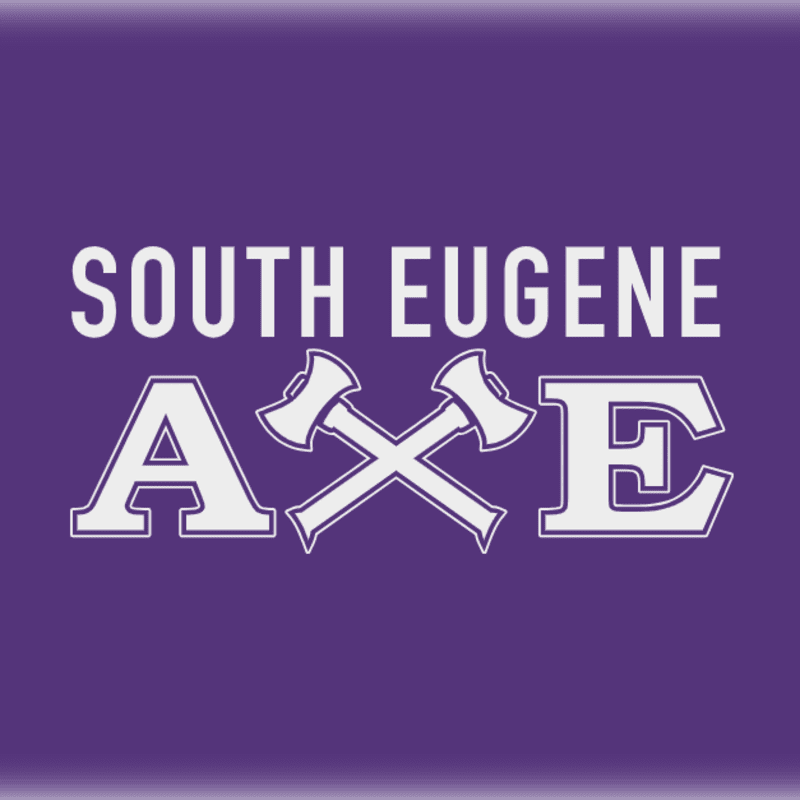 White text reading "SOUTH EUGENE AXE" with two crossed axes replacing the letter 'X' is centered on a solid purple background.