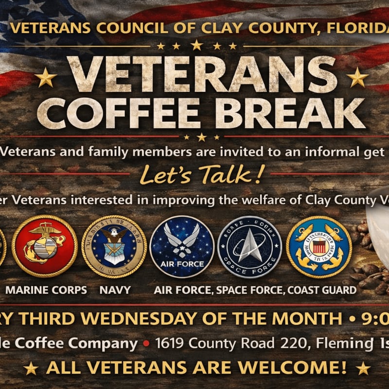 A promotional flyer for a "Veterans Coffee Break" features military branch emblems and event details in the foreground against a background of a rustic wooden surface and a blurred American flag.