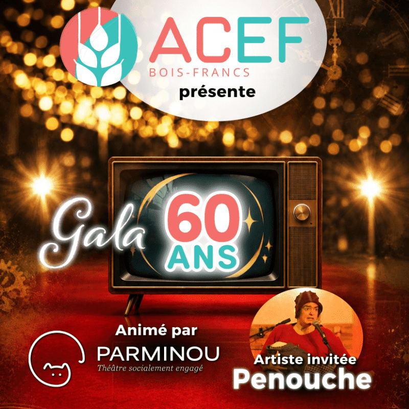 A vintage television displaying "Gala 60 ANS" sits in the foreground against a blurred background of golden bokeh lights.