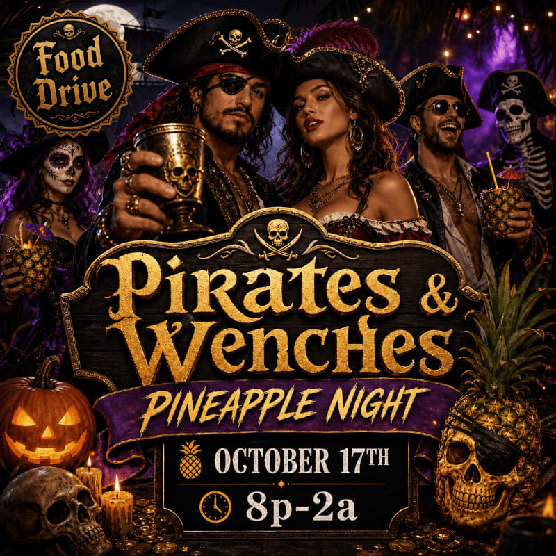 A pirate-themed event poster features costumed people and skulls in the foreground against a dark, tropical night background.