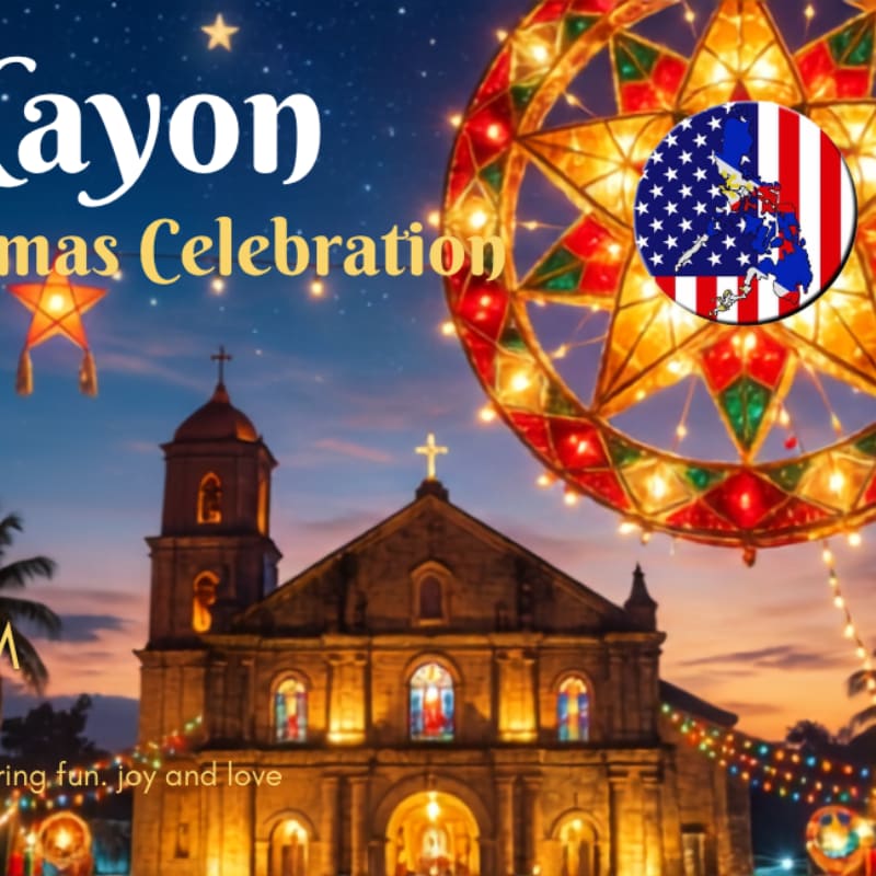 A brightly lit church stands in the foreground under a starry night sky, adorned with festive lights and a large, illuminated parol, while the background features text and a circular emblem.
