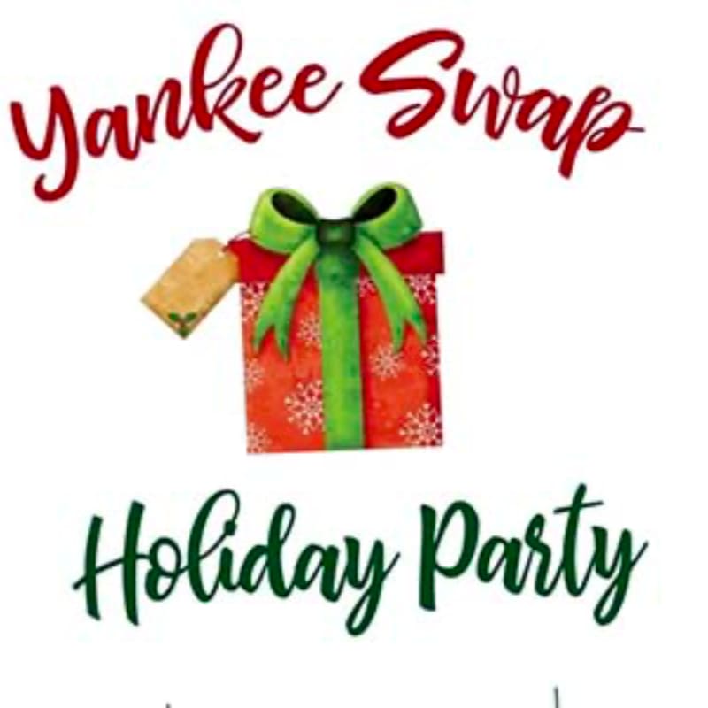 A red wrapped gift with a green bow and tag sits centered between the red text "Yankee Swap" and green text "Holiday Party" against a plain white background.