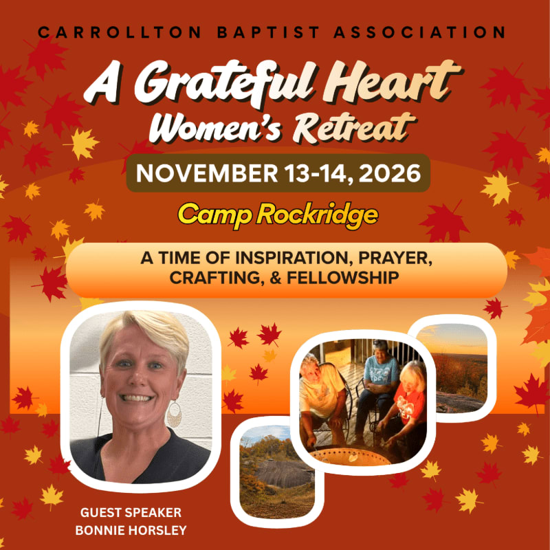 A promotional flyer for a women's retreat features event details and a portrait of guest speaker Bonnie Horsley in the foreground, set against an orange background decorated with autumn leaves.