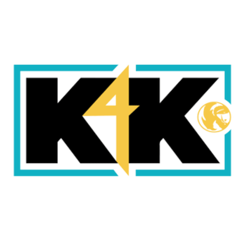 A logo featuring the text "K4K" in black and yellow with a small circular icon, all enclosed within a light blue rectangular border against a white background.