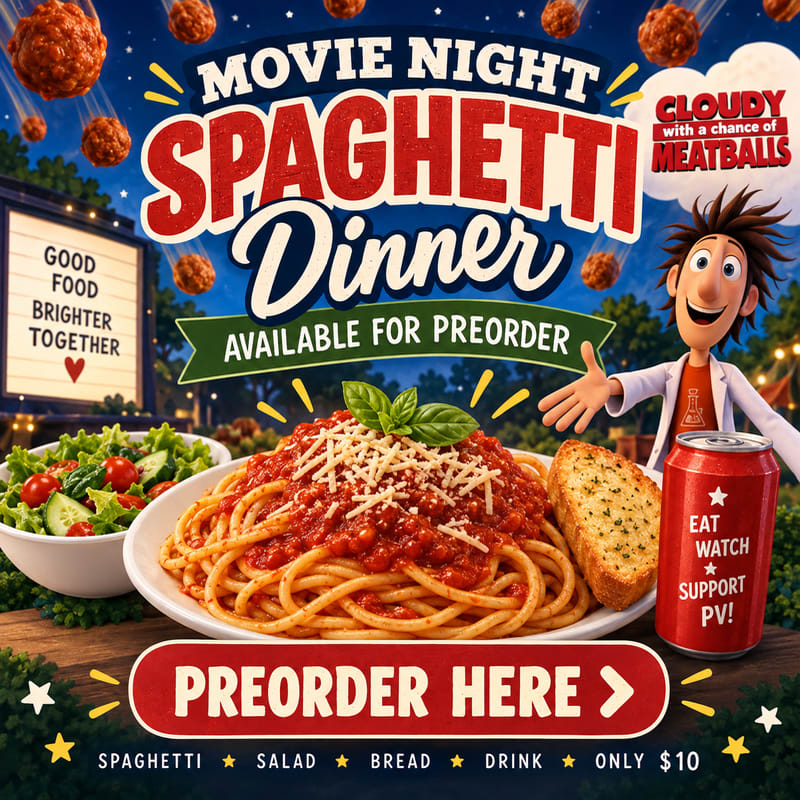 A plate of spaghetti with meatballs, salad, and garlic bread sits in the foreground against a background featuring a movie screen and falling meatballs from the film "Cloudy with a Chance of Meatballs."