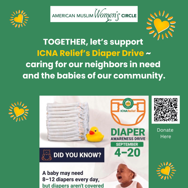 A promotional flyer for a diaper drive features text and a photo of diapers and a rubber duck in the foreground against a green background with yellow sun icons.