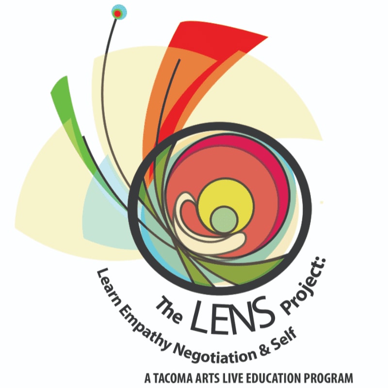 A colorful, abstract logo with swirling shapes and text in the foreground is set against a pale yellow, semi-circular background.