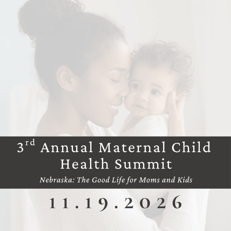 A woman and baby are pictured in a soft-focus background behind a dark grey banner announcing the 3rd Annual Maternal Child Health Summit.