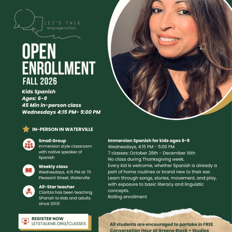A promotional flyer for Spanish classes features a woman's portrait in the upper right against a dark green background with white and yellow text.