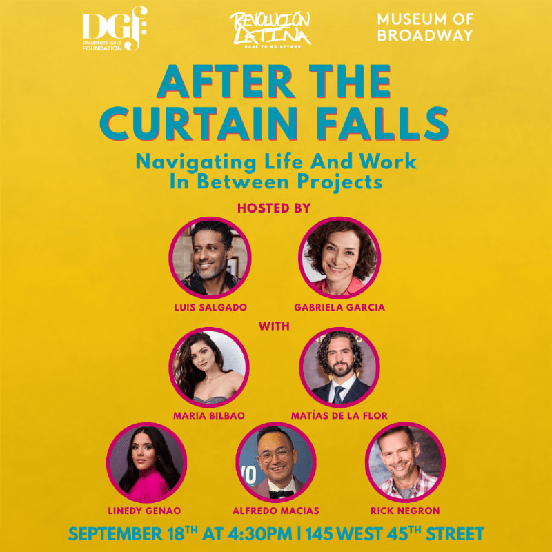 A yellow promotional flyer for an event titled "After the Curtain Falls" features headshots of several speakers in the foreground against a bright yellow background with organization logos at the top.