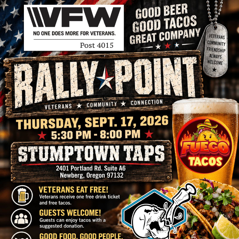 A promotional flyer for a "Rally Point" event features bold text and food imagery in the foreground against a backdrop of the American flag and VFW branding.