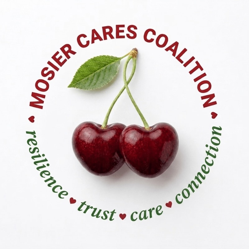 Two red cherries with a green leaf sit in the center of a white background, encircled by the text "MOSIER CARES COALITION" and the words "resilience," "trust," "care," and "connection."