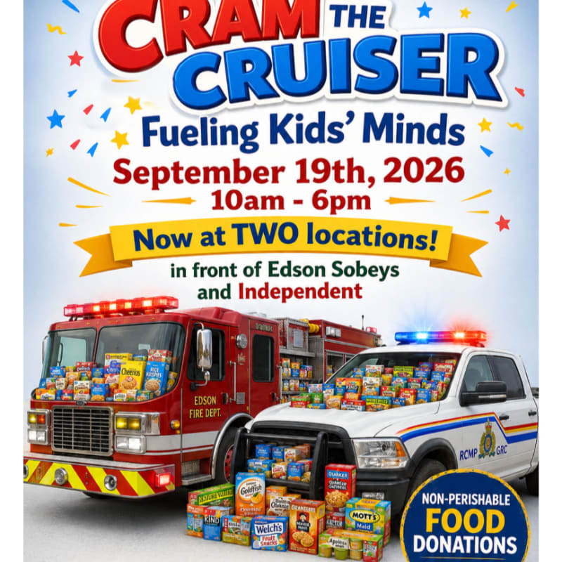 A red fire truck and a white police cruiser filled with canned food sit in the foreground against a light blue background featuring event text and colorful confetti.
