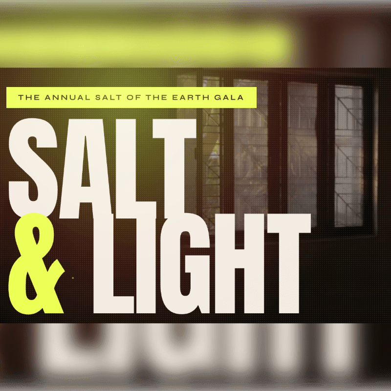 Bold white and yellow text reading "SALT & LIGHT" sits in the foreground against a blurred background of a window and a yellow banner.