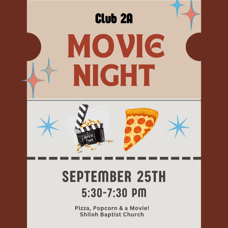 A movie night flyer featuring popcorn and a pizza slice in the foreground against a ticket-shaped background with event details.